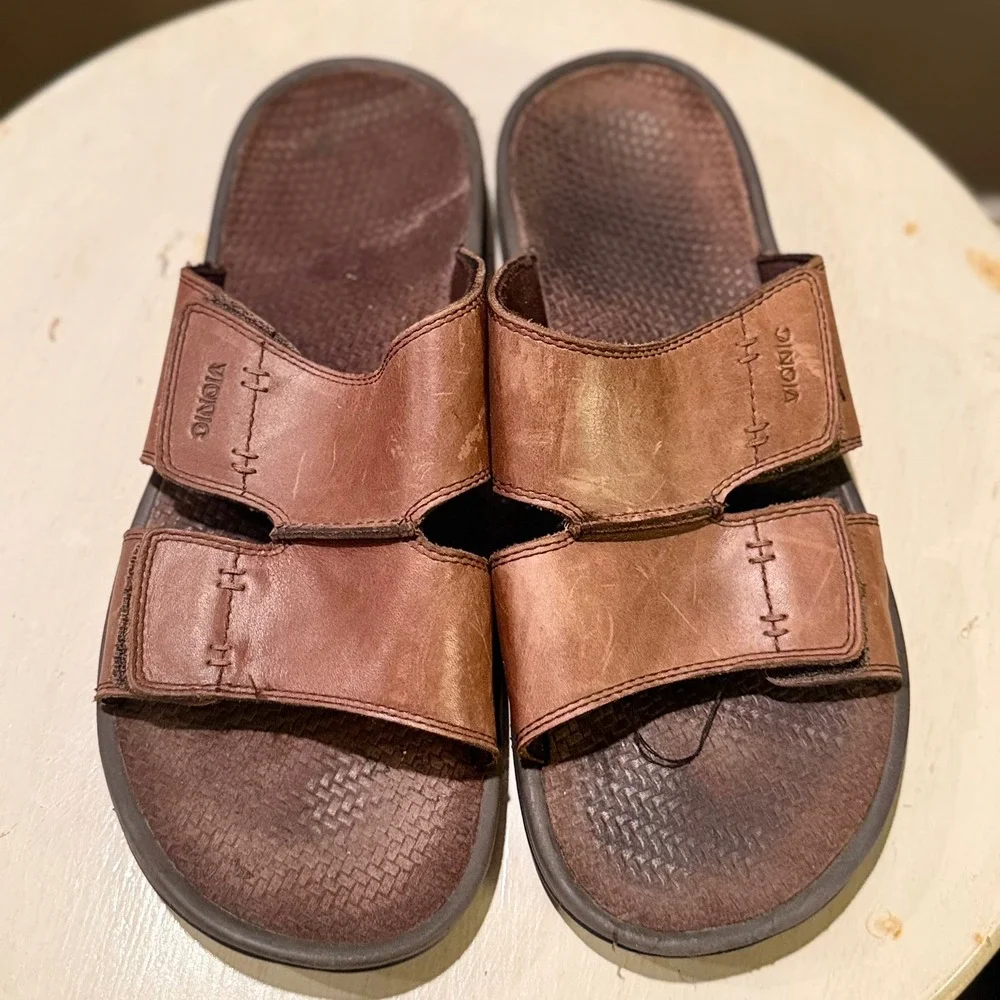 Vionic Mens Leather Adjustable Strap Comfort Sandals Brown Size 11‎